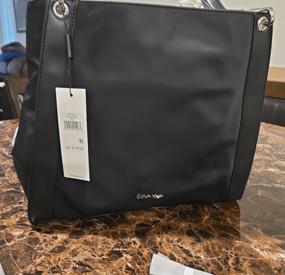 Calvin Klein Black Men's Shoulder Tote with Silver Hardware